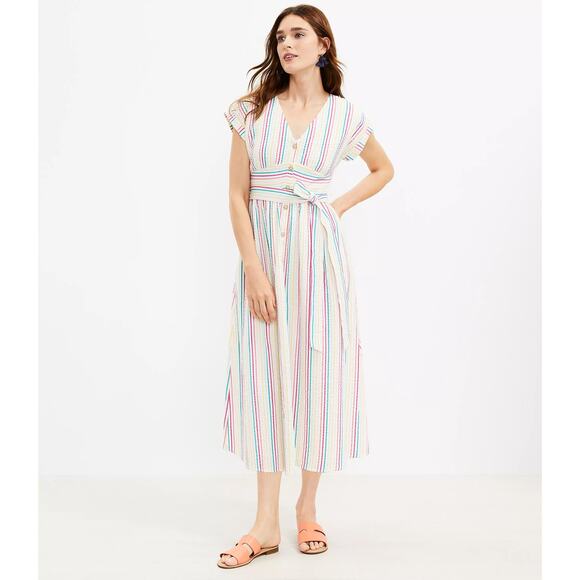 LOFT Striped Button Down Midi Dress - Picture 1 of 6